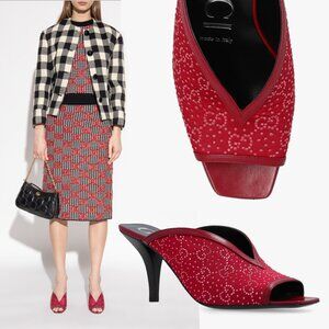 GUCCI SHOES GG LOGO CRYSTAL EMBELLISHED RED MULES  IT 40.5/ US 10.5